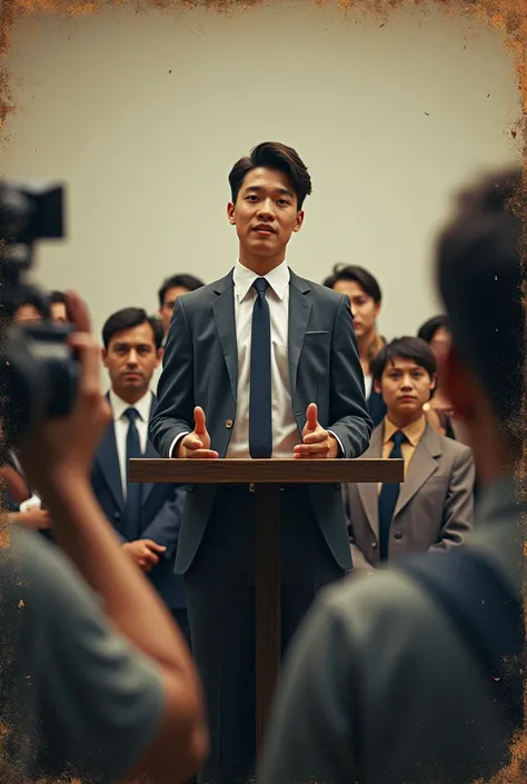 A mature smart boy speeching his some word by standing in a stage in front of reporter with camera mans. The photo should be a scratch 