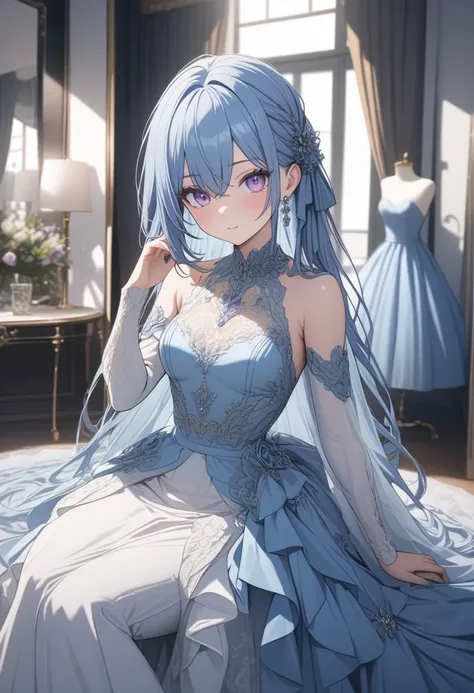 anime girl, pastel blue hair, violet eyes, ultra detailed, HD, beautiful, model clothes, elegant,