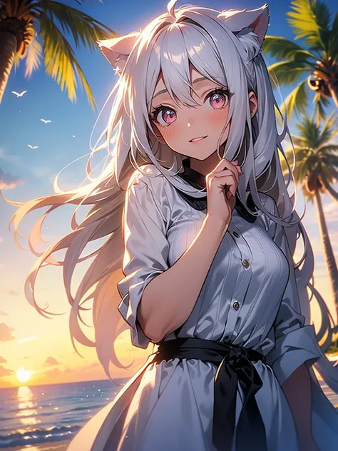 a highly detailed portrait of a pretty girl with medium breasts, a beautiful silver hair, pink eyes, and cat ears, smiling against a sunset beach landscape with an orange, pink, and yellow sky, palm trees swaying, seagulls flying, and a crystal clear sea g...