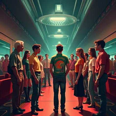 a "now" hall, with several people gathered together, retro futuristic style, cinematographic camera. 50s style sci-fi movies t-shirt printing vector, 50&#39;s old movie style image, image with dark background, highlighting the stylized image of space films...