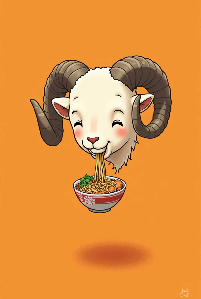 Floating head illustration of a disembodied ram, slightly sideways, With horns, with eyes closed, eating ramen with chopsticks, on an orange background 