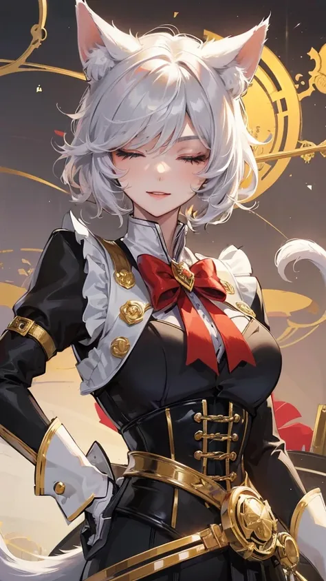 1 boy, anime, futuristic setting, elegant, fancy, tuxedo, high quality, intricate details, cat ears, short hair, closed eyes, messy hair, fluffy hair, butler outfit, lucky cat aesthetic, red collar, golden bell, red eyeshadow, serene smile, rolled up sleev...