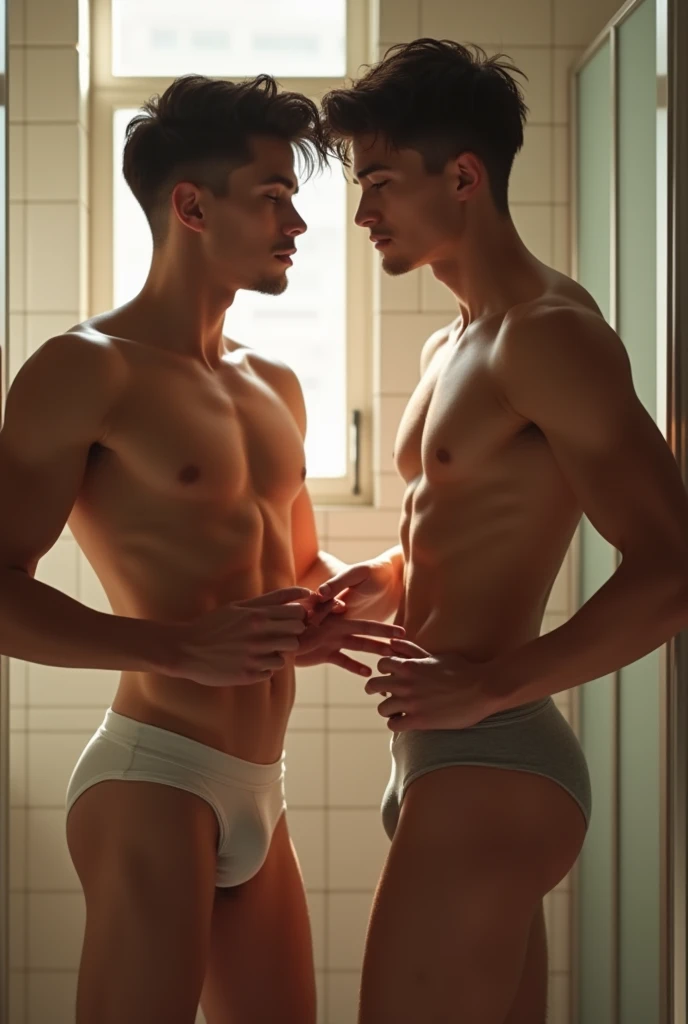 Two slim attractive male teenagers in boxers touching each other&#39;s butts in a bathroom