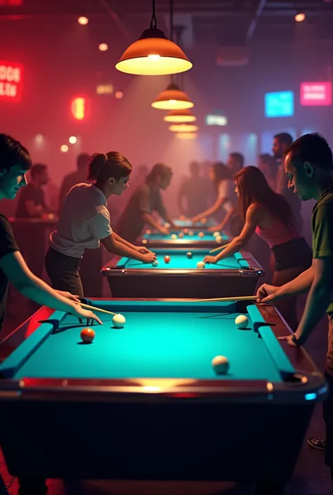 Pool tables in a bar with lights and music

