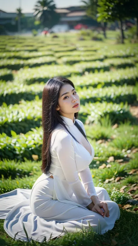 ((1 Vietnamese girl wearing ao dai, chubby body, realistic face with many details, Southeast Asian face, symmetrical face, beautiful woman, round breasts, firm breasts, breasts big, super big , big round , high quality detailed photos, 8k photo quality, ch...