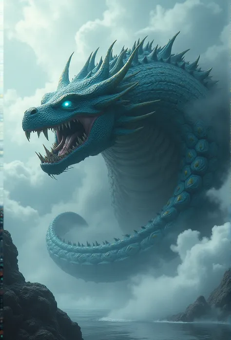 Chinese style，Chinese mythology，Xuanwu，faucet，Tortoise body，Heavy Tortoise Shell，Snake&#39;s Tail，Has horns on its head，cough，violent，Huge，Eyes glow blue，Ocean，Huge波，Surrounded by clouds，Medium shot scenes，Like the whole body， Highly detailed surreal VFX，O...