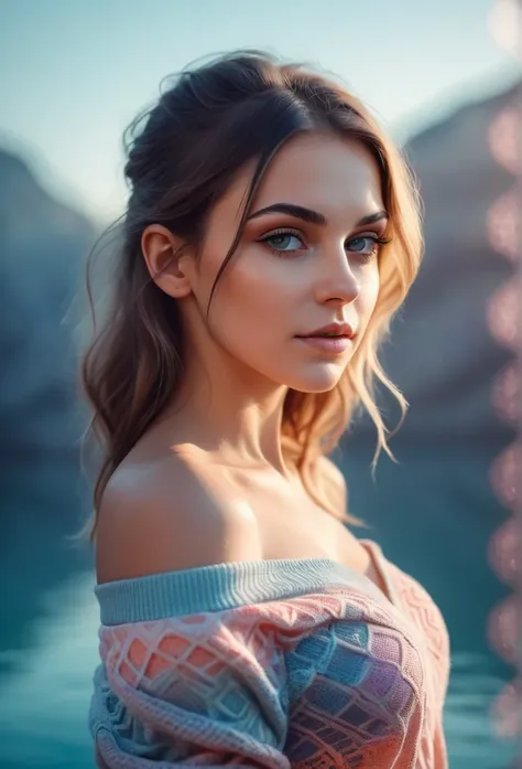 One girl,Mysterious Girl ,Exotic girl in off-the-shoulder sweater,Fading backlight background,pastel colour,Enchanting Goddess,Amazing depth,Double exposure,Surreal,Geometric pattern,Exquisitely crafted,Bokeh,Perfect balance,Deep and thin border,Artistic P...