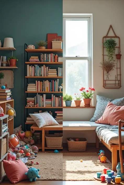 Before and After Tidying Up: "A split image showing a messy room on one side with toys scattered everywhere and a clean, organized room on the other side with everything in its place."