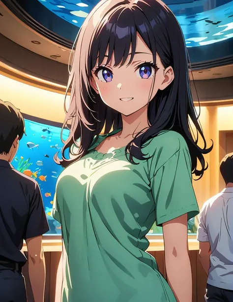 (anime artwork, anime style, studio anime, very detailed, up to date, vibrant, Anime Coloring, high contrast, masterpiece:1.2, best quality, best aesthetics),1 girl, Medium chest, A glimpse of thighs,happy,aquarium,light smile, summer clothes,crowd, 