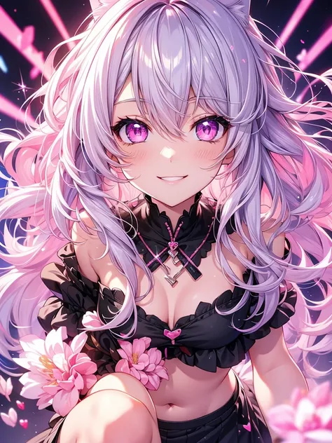 Center of chest,pretty girl,Cat ear,Beautiful silver hair,Pink inside,Beautiful pink eyes,black shirt,black skirt,smile
