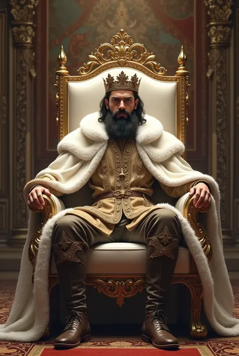 Young king with beard sitting on his white throne 