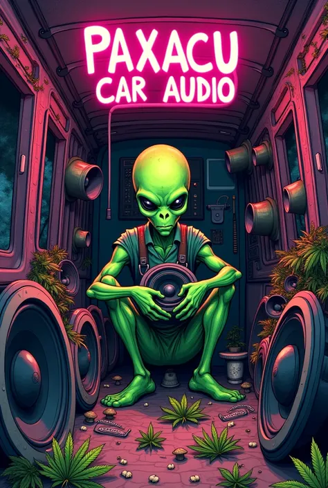 A green alien installing a sound system on a van with a drill,There are mushrooms on the floor ,horns,wires, marijuana leaves,herramientas tiradas muchas horns  y bajos con cajones grandes y pequeñas saliendo por todas partes y el alien sostiene una bocina...