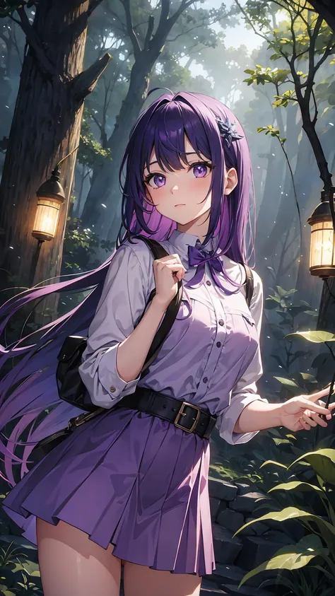 Girl1,bright purple eyes,purple hair,hair above shoulder,magical glowing purple short dress,standing in dark forest,fireflies,movie scene,night,best quality,high detail,very detailed,high quality background