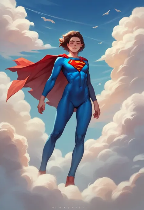 Create a photorealism image o Superman levitating in the clouds, uhd, fullbody image, fluffy clouds, ultra-detailed, ultrarealistic, 64K