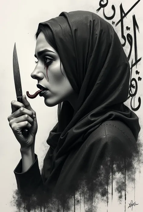 side view drawing of a beautiful arab woman covering half her face with a sad look, forked tongue, crying blood and with a knife in his hand, around it a shaded gradient with graffitied Arabic characters forming an art , drawing as if it were a black and w...