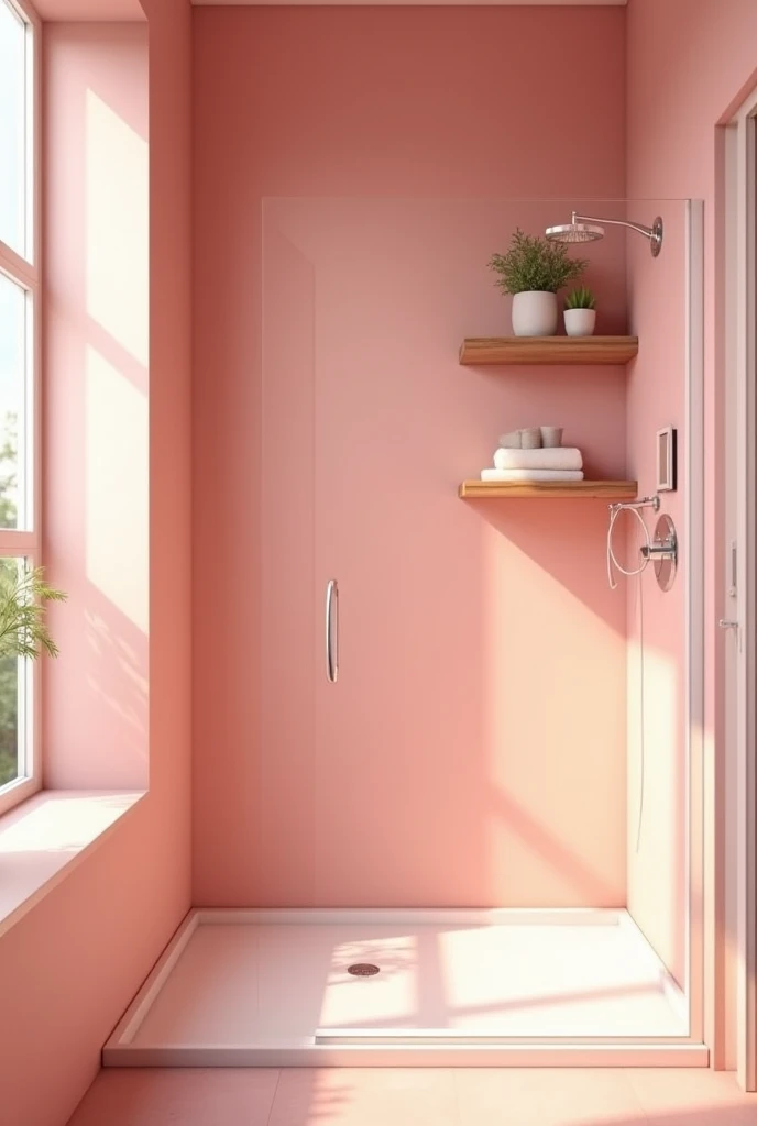 pink bathroom with shower and shelf
