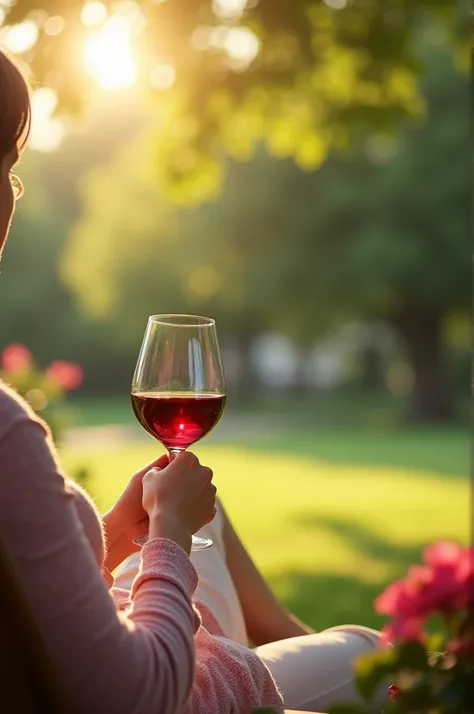 A glass of wine in a sunny park 
