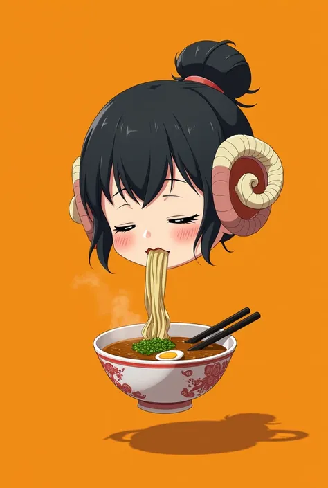 Illustration of a floating head of a Japanese girl with a bun, Without body, slightly sideways, with ram&#39;s horn earmuffs, with eyes closed, eating ramen, on an orange background 