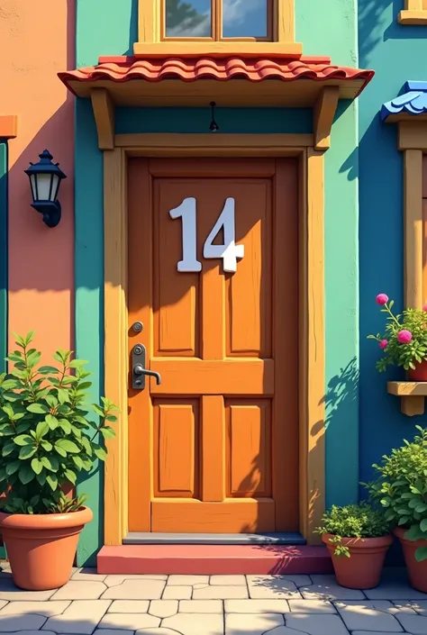 Create a pixar image of a brown door of apartment number 14 