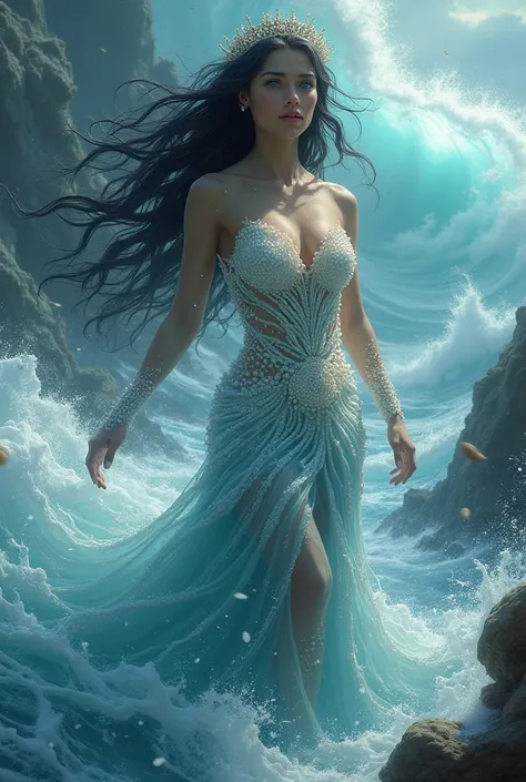 Beautiful woman long wavy black hair. wind, Queen of the sea, dressed in pearls all over her body, eggs, stormy sea, snails, bright blue eyes