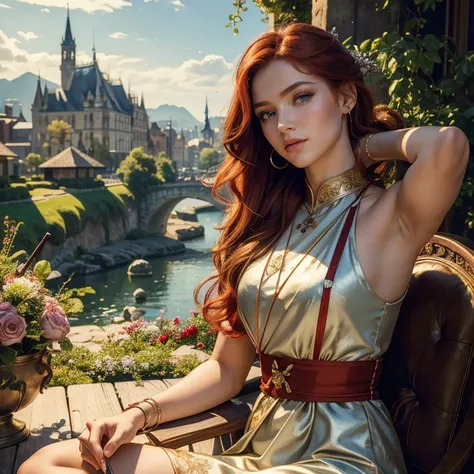 (​masterpiece, best quality:1.5), highest quality, High resolution, super detailed, Realists, Upper body photo of a red-haired archer, detailed and beautiful eyes, beautiful detailed lips, very detailed eyes and face, longeyelashes, Archer in shiny silver ...