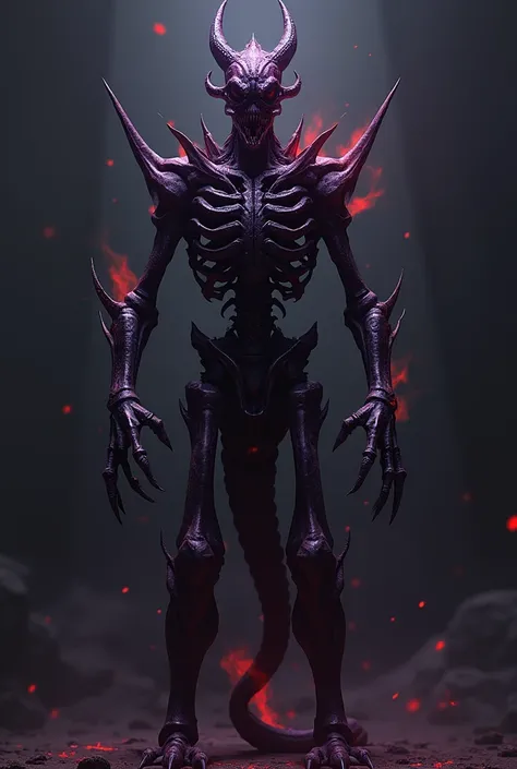 body has a vaguely draconic shape and a skeletal appearance, and is largely dark violet with red highlights.

The body in general, looks a lot like the Xenomorph Queen 