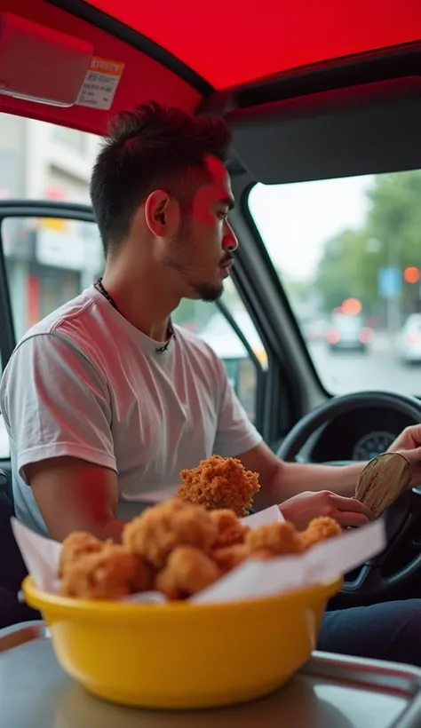 A driver selling KFC chicken in Bangkok during the day.