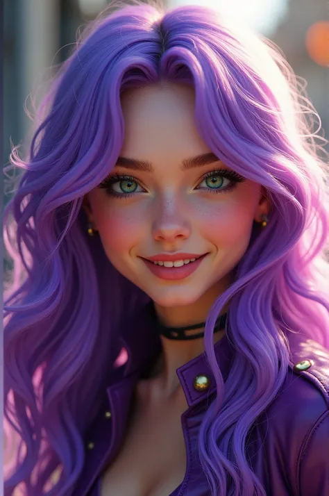 Girl with long purple hair, green eyes and smiling, purple leather clothing