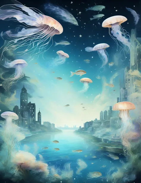 aria_fatal,amazing world,jellyfish,underwater starry sky,fish,a city in the sea,transparent feathers,iridescent feathers