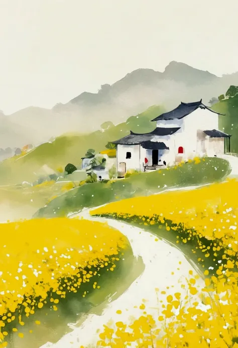 Sky occupies 3%/4，75%blank.Chinese Ink Painting Sketch：Light Ink，Lowercase，Sketching，artistic conception:2.Dot，A small Anhui-style house in a field of rapeseed flowers，Minimalism，White background。(((Negative Space:2,大面积blank:2, Bottom left corner compositi...