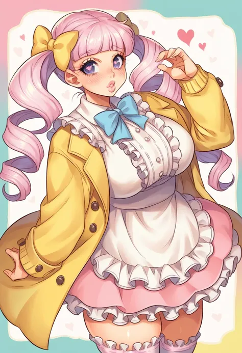 Cute, girl, pastel long lavender hair, curly twintails, purple eyes, heart shaped pupils, plump lips, big breasts, hourglass figure, slender, ruffle pastel bow blouse, pastel Skirt, white lacy stockings, petticoat, pastel yellow cardigan over coat