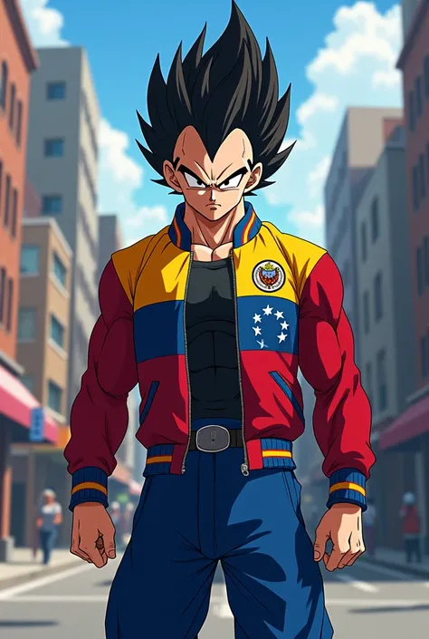 Vegeta wearing a Venezuelan flag jacket 