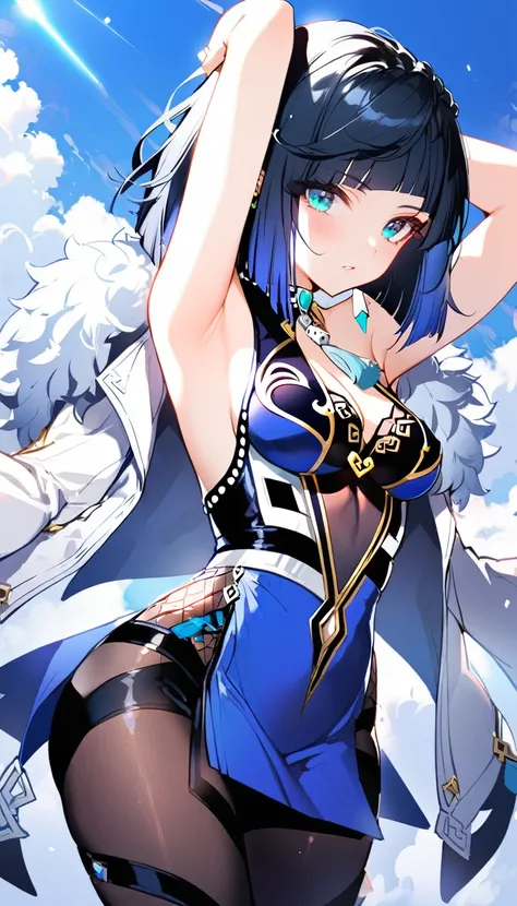 (1girl:1.3), (yelan genshin impact:1.2), (standing:1.1), (arms up:1.0), (tights from chest to toe:1.3), (narrow waist:1.2), (bare shoulders:1.1), (black hair:1.2), (blue eyes:1.2), (blush:1.0), (small breasts:1.0), (open coat:1.1), (white coat:1.0), (blue ...