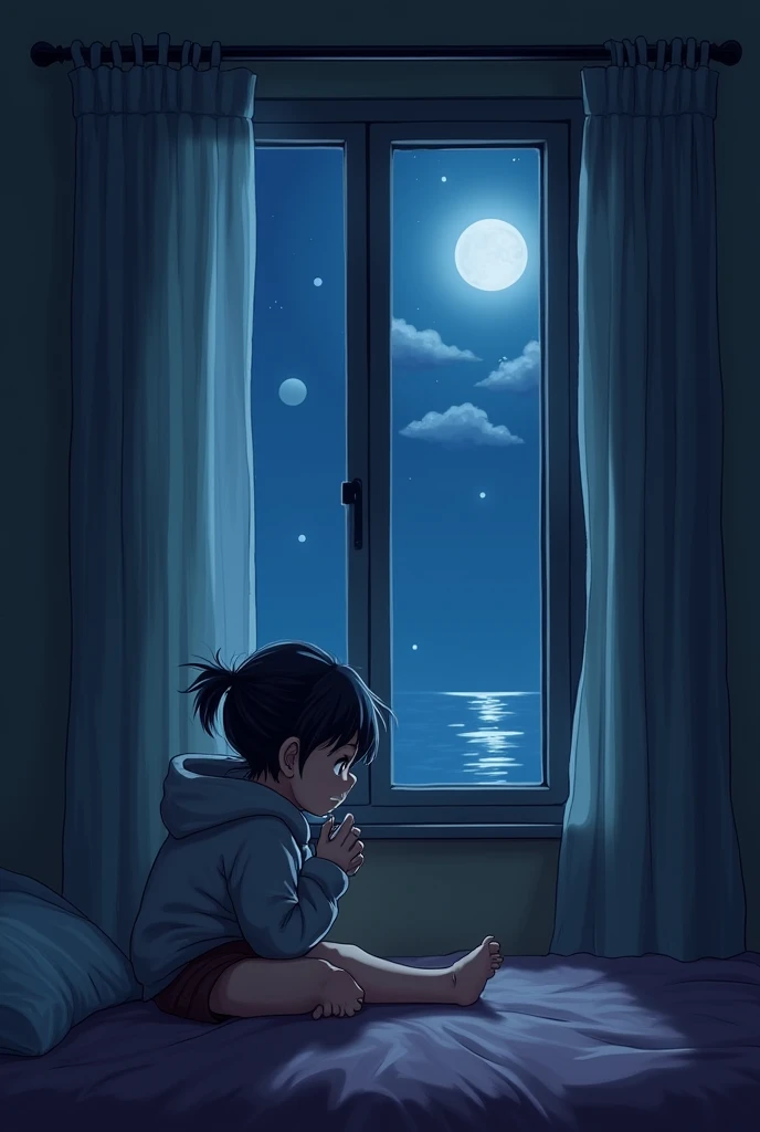 Little Mei-Ling huddled in the corner of the room, Quietly watching the moonlight shine through the window