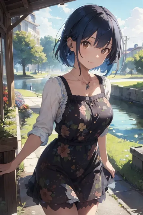 ((Best Quality)), ((masterpiece)), (detailed), 1 girl with a short floral dress with a neckline and blue hair ,Brown hair, Brown eyes, a landscape of a park, big breasts, ((Front view))