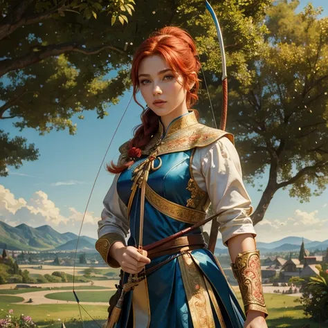 (​masterpiece, best quality:1.5), highest quality, High resolution, super detailed, Realists, Upper body photo of a red-haired archer, detailed and beautiful eyes, beautiful detailed lips, very detailed eyes and face, longeyelashes, Archer in dress made of...