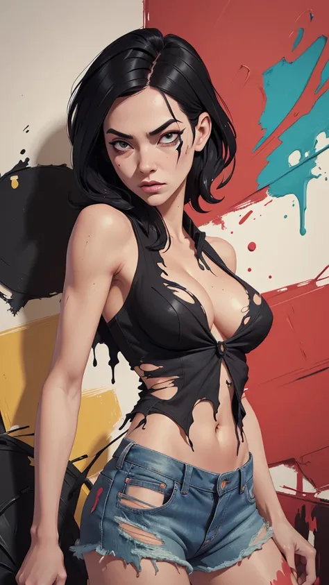 one girl, solo, abs, slender body, (upper body, bust:1.2), black eyes, black hair, red clothes, bare shoulders, masterpiece, highly detailed, look at viewer, front view, (paint splashes:1.5), (abstract, psychodelic:1.5), (deep cleavage:1.3), (torn clothes,...