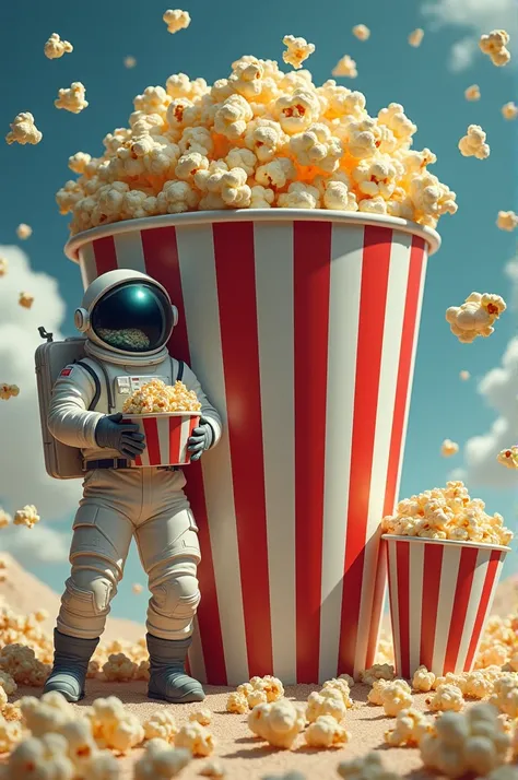 astronaut eating a bucket of popcorn leaning on a giant popcorn bucket