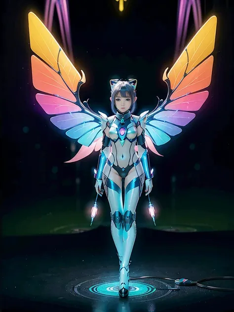 1girl, armor, wings, beautiful dragon, futuristic evolved nekomata, (neon glowing body), 2 tails, holographic, (the wings are sy...