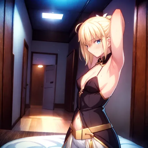 High resolution, 最high resolution,high resolution,{Things to know_f de stay night ufotable:1.15}, Rubio_ Best Quality, masterpiece, フルnude,Sweatだく,Blushing,smile,Armpitアップ,Sweat,Armpitを広げて見せている,bed,Moist,Blonde,whole body,pubic hairあり,Love juice,Armpit,sid...