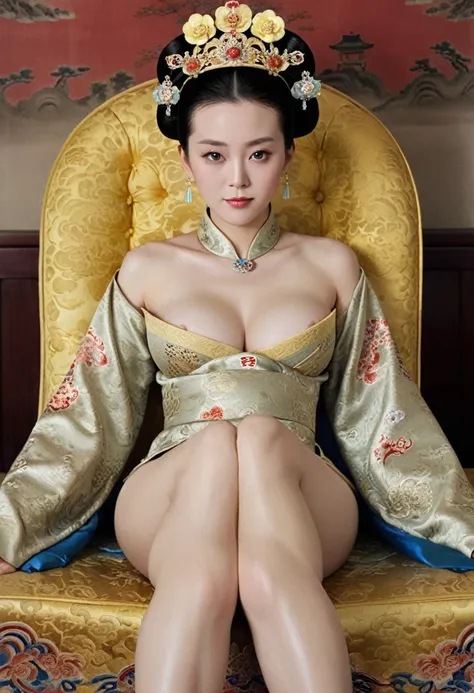 From before the Qing, The Empress sits naked on a golden sofa in the palace, Her eyes are wide open, Her legs were spread, big naked breasts. At the Chinese court during the Qing Dynasty, Empress of the Qing Dynasty, Empress of China, Wearing a large crown...