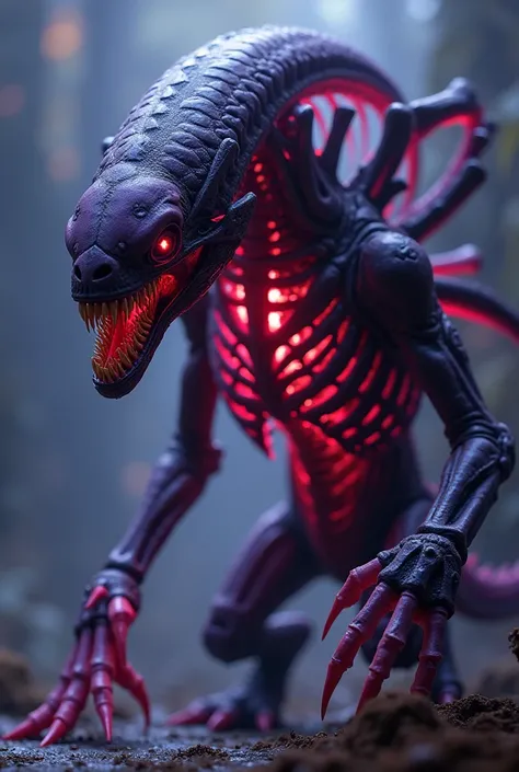 body has a vaguely draconic shape and a skeletal appearance, and is largely dark violet with red highlights.

The body in general, looks a lot like the Xenomorph Queen, but as if she infected a dragon and formed a Xenomorph Queen Dragon He has no skin, and...