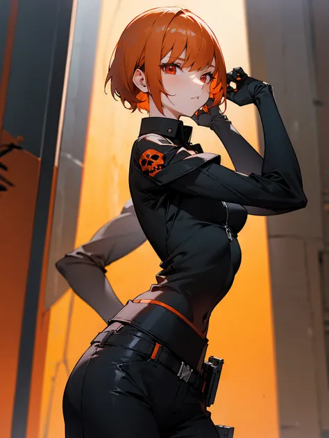 1female, red eyes, orange hair, short hair, black skull shirt, lean build, black military pants, arm wrappings, warehouse