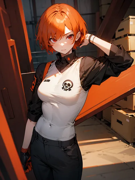 1female, red eyes, orange hair, short hair, black skull shirt, lean build, black military pants, arm wrappings, warehouse