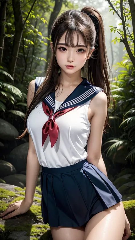 ((Highest quality)), ((masterpiece)), (detailed), Upper body photo, An incredibly detailed portrait,  (upper side ponytail), ((bronde hair)), blunt bangs, ribbon, (A beautiful 17 year old girl:1.1), (Brown eyes), (Sleeveless sailor suit:1.2), ((covered nip...