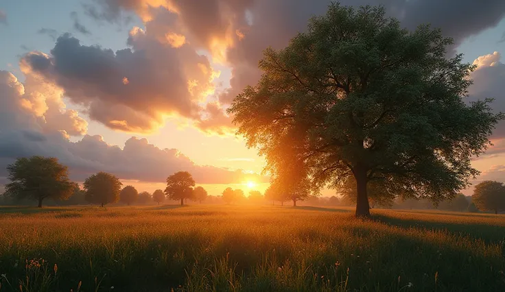 (best quality, masterpiece, ultra detailed, ultra high res, photorealistic, raw photo, absurdres, absolutely resolution), A summer evening, trees swaying in the wind and the sky changing color.