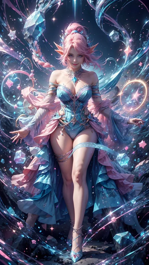 from above, high view shot, in the heart of a fantasy elf world, a young sexy elf woman with a pink style haircut, luminicent hair, elf ears, sexy elf clothes, blue and pink magic aura, smile. In a blue and pink enchanted forest, with cursed trees marked w...