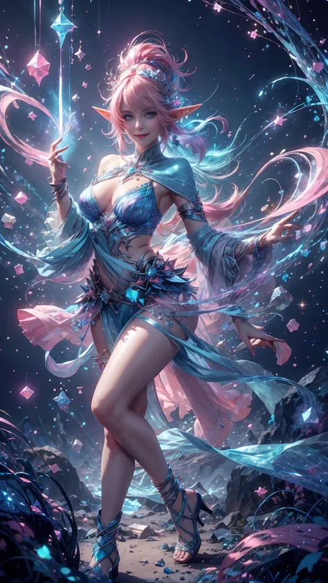 from above, high view shot, in the heart of a fantasy elf world, a young sexy elf woman with a pink style haircut, luminicent hair, elf ears, sexy elf clothes, blue and pink magic aura, smile. In a blue and pink enchanted forest, with cursed trees marked w...