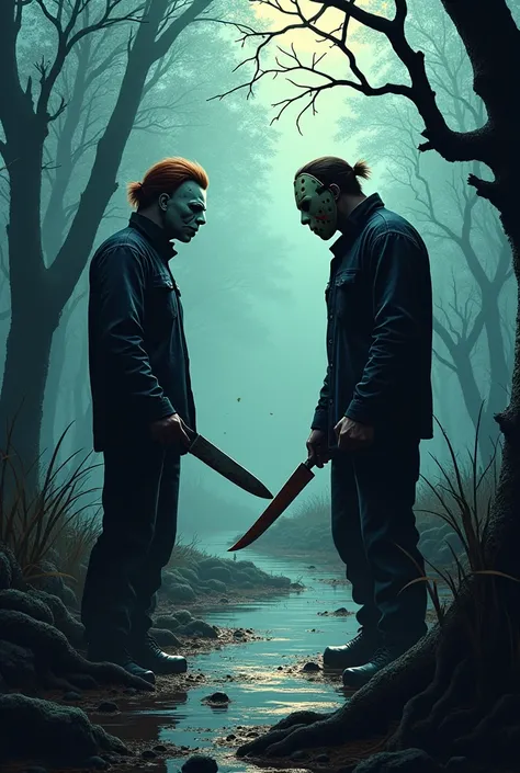 Create a comic book-style image of Michel Myers fighting Jason in a swamp, Michael Mayers has a knife in his hand and Jason has a machete 