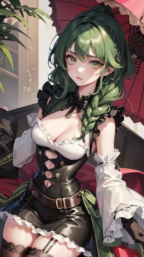 1 girl, anime, high quality, intricate details, black hair, fluffy hair, short hair, elegant, futuristic setting, maid dress, stockings, green streaks in hair, steampunk accessories, stoic expression, lacy umbrella, gothic aesthetic, green eyeshadow, lacy ...